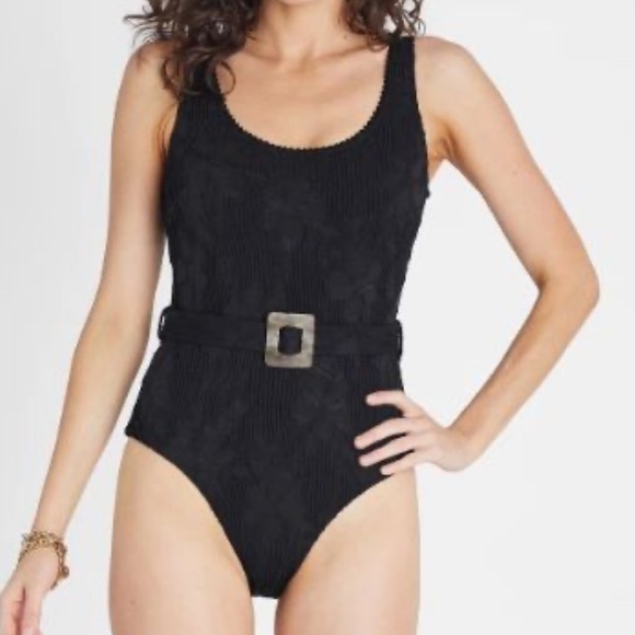 New Aqua Blu  Black Textured One-Piece Swimsuit with Decorative Buckle size 12 - Picture 7 of 12